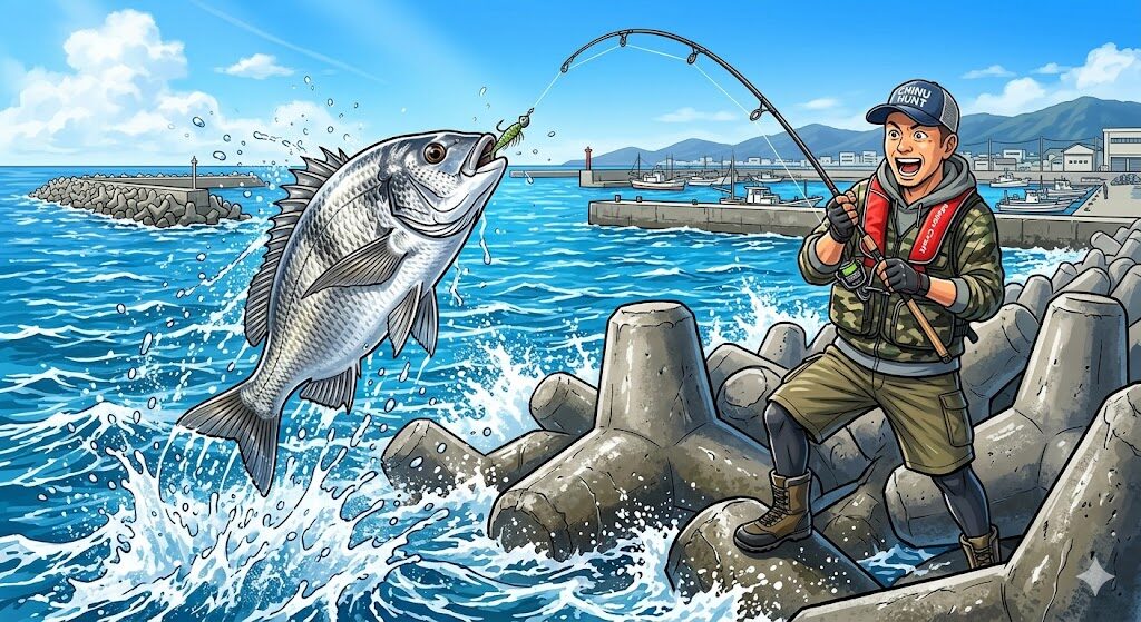 テトラ際でチニングをしている釣り人のイラスト