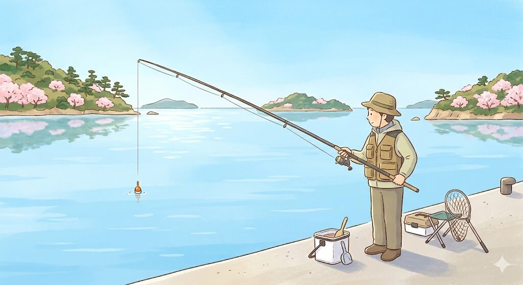 堤防でフカセ釣りをする釣り人