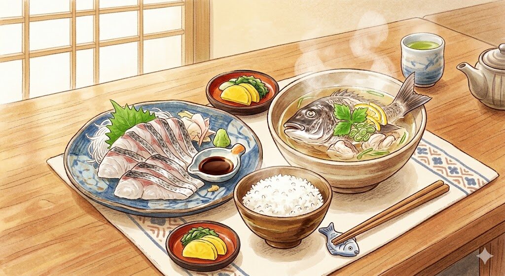 チヌ料理の刺身と潮汁