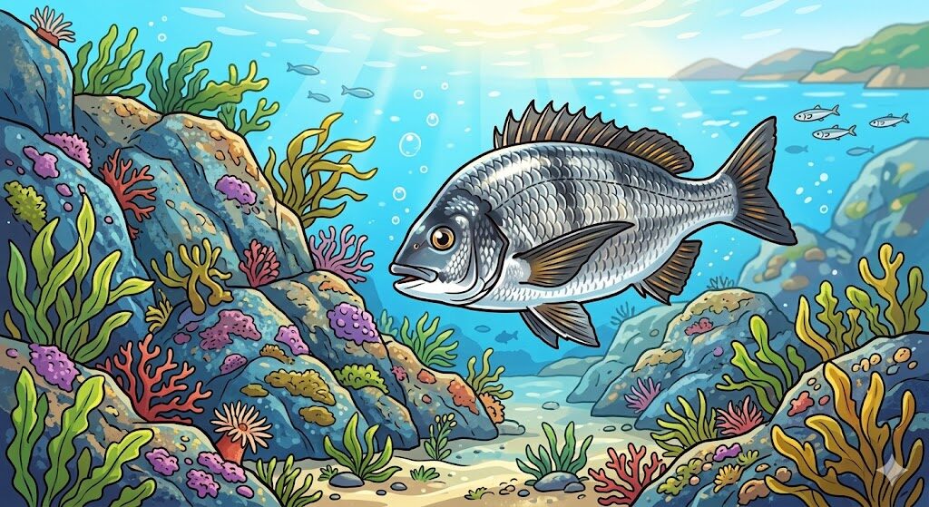 春の瀬戸内海を泳ぐチヌ(クロダイ)のイラスト