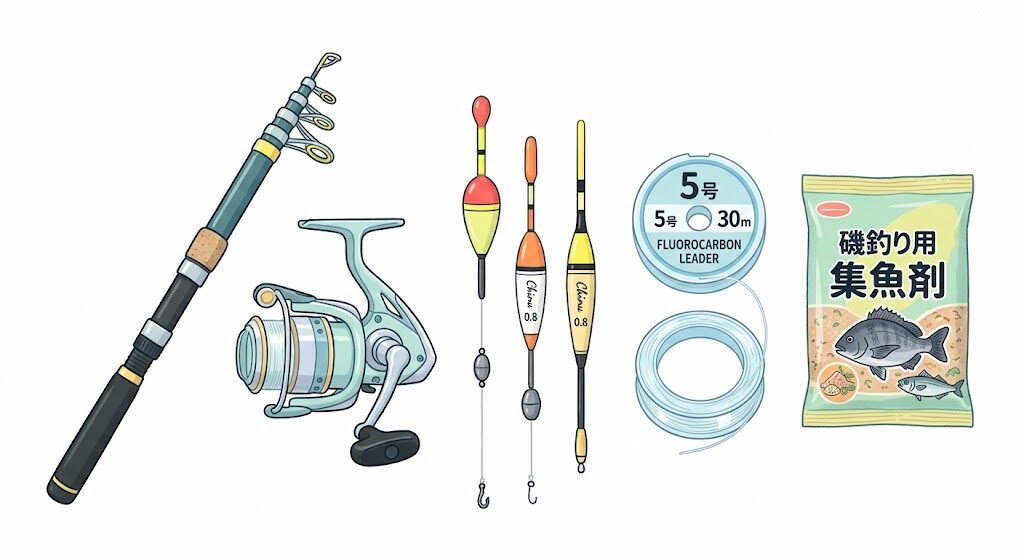 フカセ釣りタックル（竿・リール・ウキ・ライン・集魚剤）のイラスト