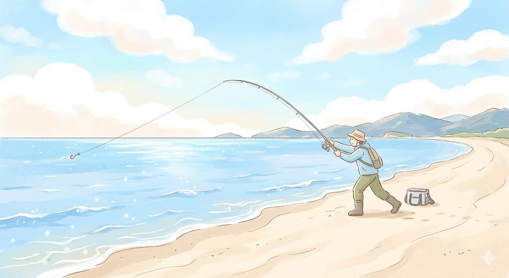 春の砂浜で投げ釣りをするイラスト