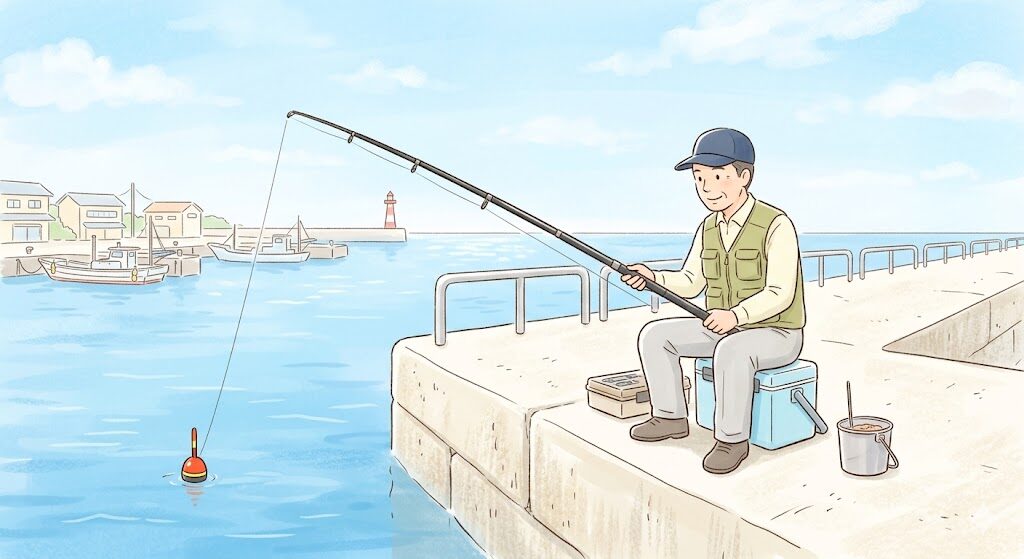 漁港でフカセ釣りをする人のイラスト