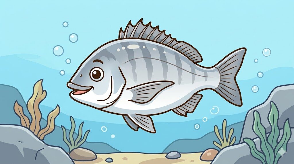 チヌ(クロダイ)のイラスト:瀬戸内の海底を泳ぐ様子