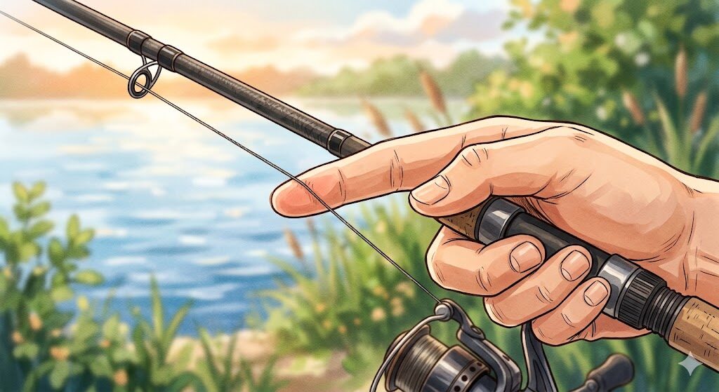 指をラインに軽く添えてアタリを取る方法のクローズアップ