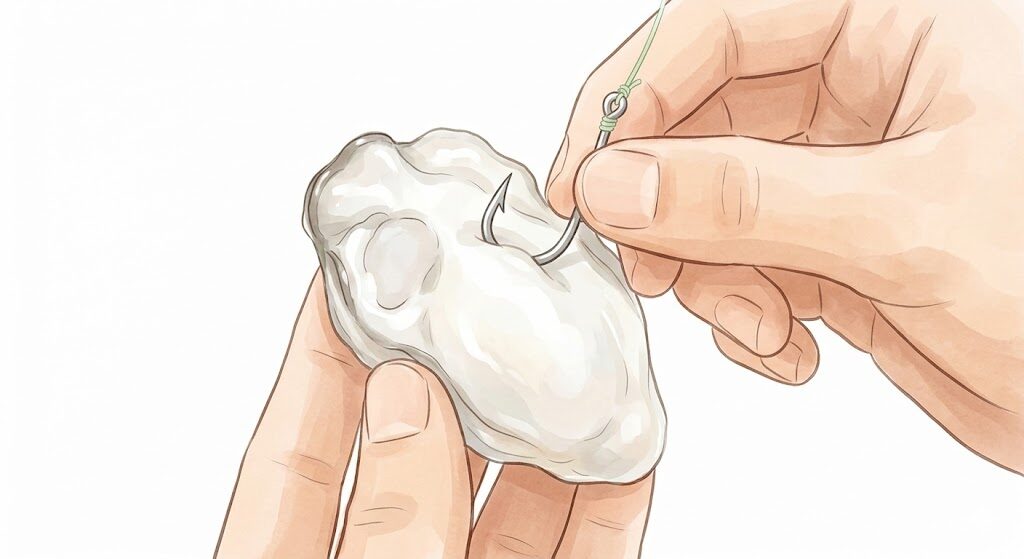 牡蠣(カキ)の身にチヌ針を刺すエサ付けの方法