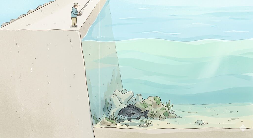 堤防断面図:際に仕掛けを落とすとチヌ(クロダイ)が潜んでいる