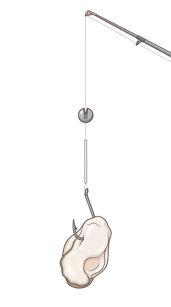 かぶせ釣りの仕掛け全体図:竿先からオモリ・ハリス・チヌ針・牡蠣エサまでの構成