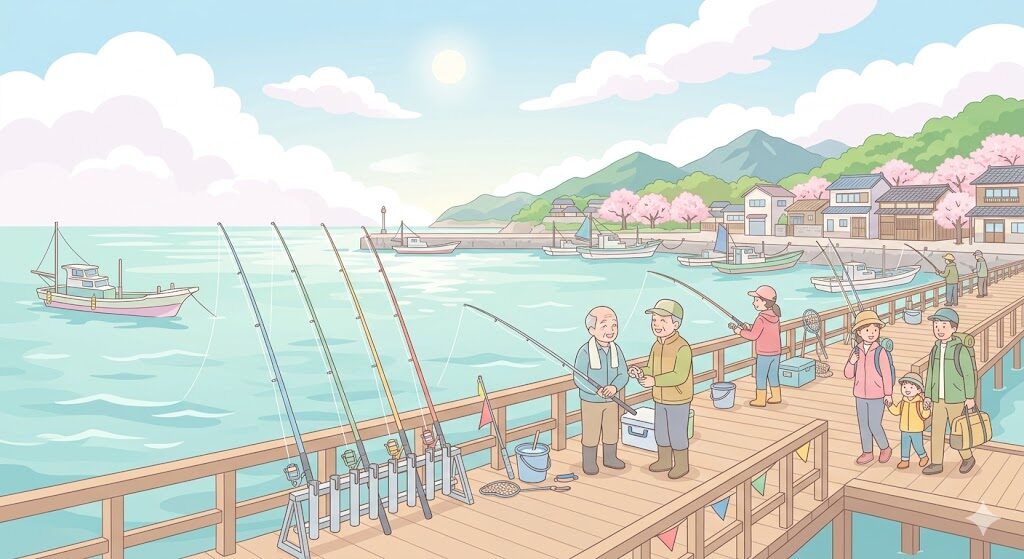 春の釣り風景、堤防の竿立てと穏やかな海のイラスト