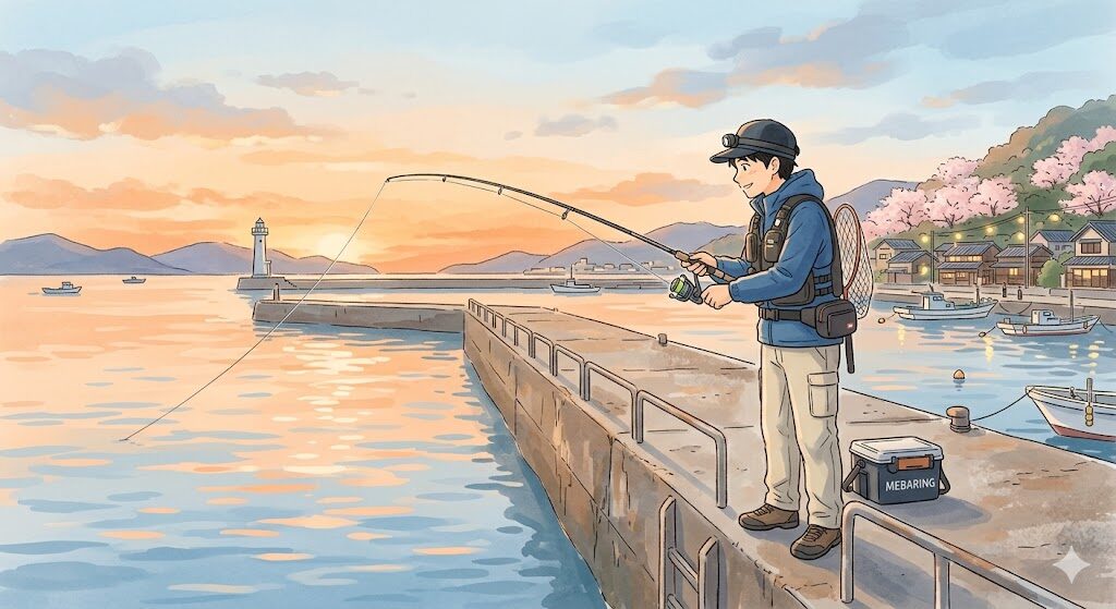 春の瀬戸内漁港でメバリングをする釣り人のイラスト