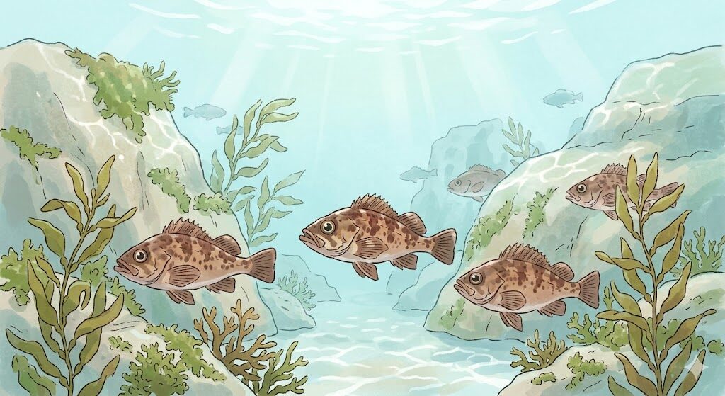 春の瀬戸内の海中で泳ぐメバルのイラスト